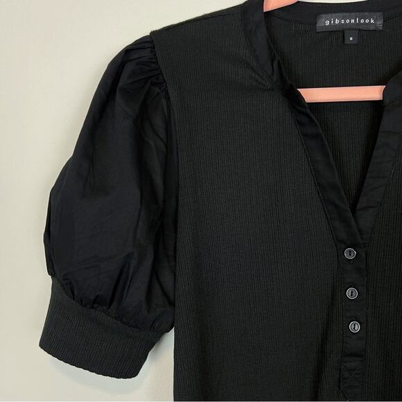 Gibsonlook Mixed Media Henley Top‎ With Puff Sleeves Black Size Small - Picture 8 of 12